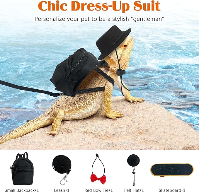 PINVNBY 5 Pack Bearded Dragon Leash and Harness Set Bearded Dragon Leash Backpack with Adjustable Hat & Bow Tie Mini Skateboard Toy Reptile Accessories for Lizard Reptile Outdoor Adventures