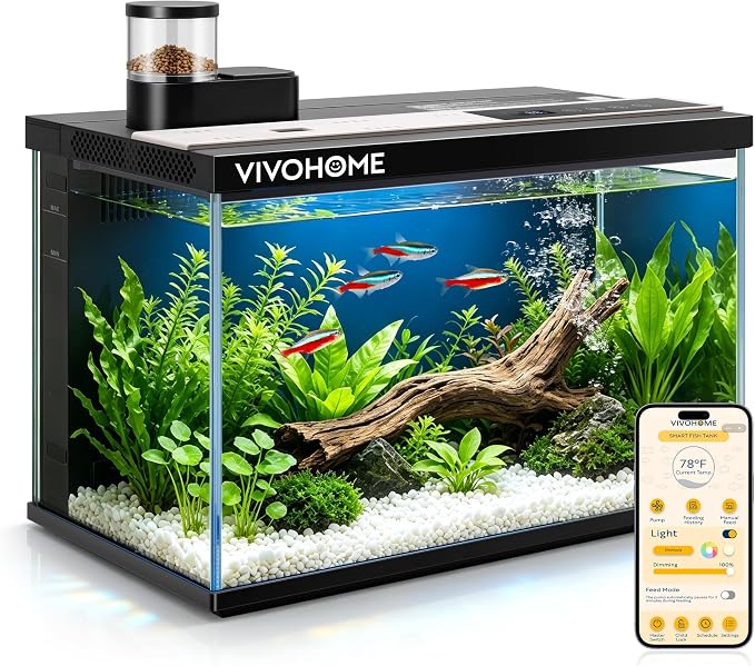 VIVOHOME 5 Gallon Smart Fish Tank with APP Control and Auto Feeder | Aquarium Starter Kit with Filter and Pump, Temperature Display, RGB LED Light, Self Cleaning Betta Fish Tank for Desktop