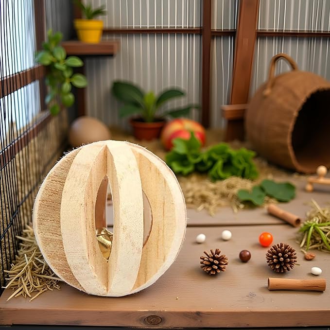 Jinshining 1pc Wood Color Natural Wood Dumbells Unicycle Bell Roller Pet Chew Toy for Guinea Pigs Rat Rabbits,Guinea Pig Toys Boredom,Small Animals Will be Very Happy Toys(No Bark Watermelon Ball)