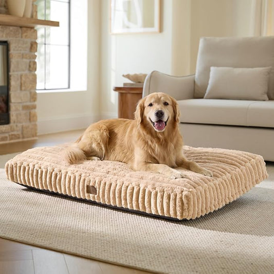 Bedsure ComfyFleece™ Fluffy Plush XXL Dog Bed Crate Pillow 47x29 SandyBeige | Aesthetic Crate Bed for Balanced Support Cute Chopped Foam Pad with Removable Washable Cover Non-Slip Waterproof Cozy Pet Mat
