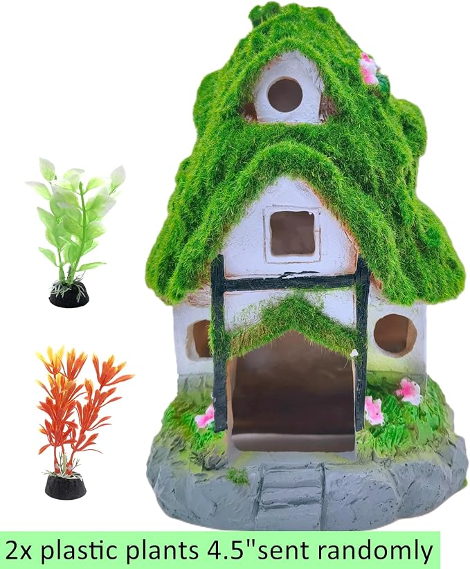M2cbridge Aquarium Decorations Fish Hideout House Betta Cave Landscape Garden Decoration with Green Lifelike Moss (Garden Shed)