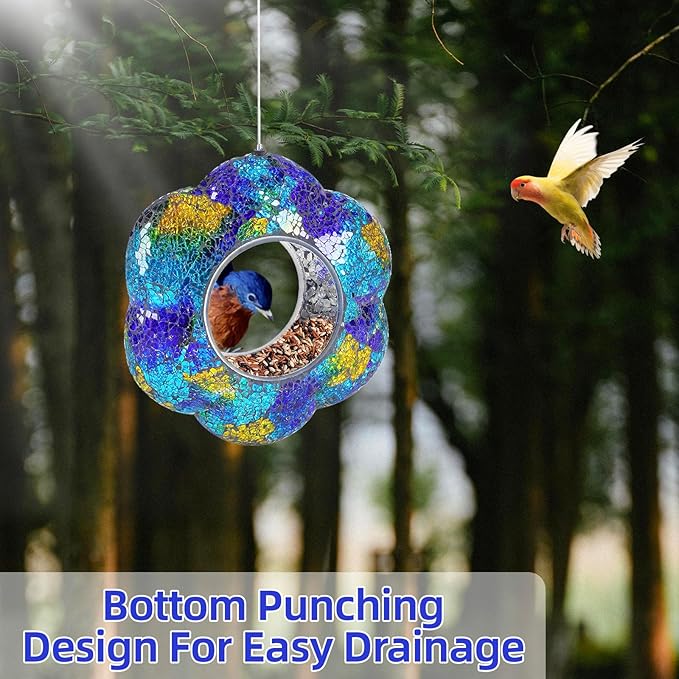 VOREEN Mosaic Glass Bird Feeder, Handcrafted Hanging Fly-Through Feeder for Outdoor Garden & Backyard, Blue Flower Mosaic Style