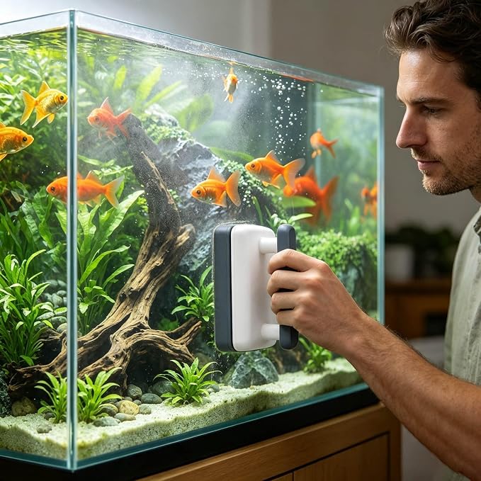 Aquarium Magnetic Glass Cleaner Tools, Double Sided Magnetic Magnetic Window Cleaner with Aquarium Scraper, Fish Tank Cleaning kit for Internal External Wall Algae & Stain Removal, 9.8×5×4.3cm