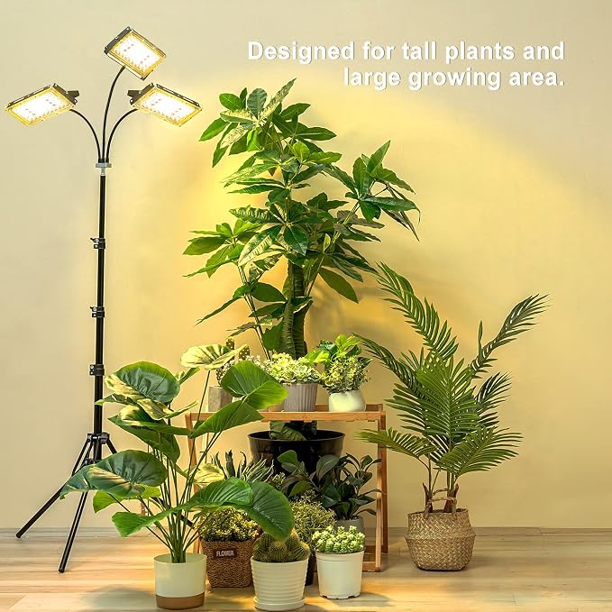 LBW Grow Light with Stand, Tri-Head LED Grow Lights for Indoor Plants | 150 LEDs Full Spectrum Plant Light, 3/6/12H Timer, 6 Brightness, 3 Switch Modes,15-63in Adjustable Stand, for Tall Plants