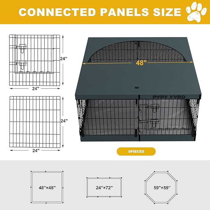 Dog Playpen with Top Cover and Bottom Pad - Foldable Metal Puppy Play Pen,24x24in 8 Panels Dog Playpen with Door for Indoor Outdoor,Heavy-Duty Pet Exercise Fence for Small Medium Animals