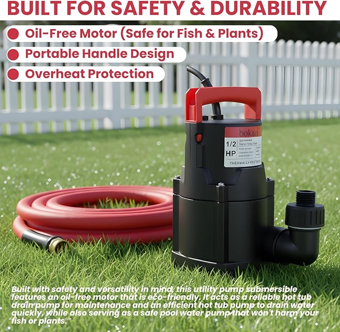 Sump Pump, Submersible Water Pump, 1/2HP Submersible Pump, Water Removal Pump With 10Ft. Garden Hose for Pool Draining, Hot Tub & Basement, Portable Pump with 25ft Long Cord & Garden Hose Adapter