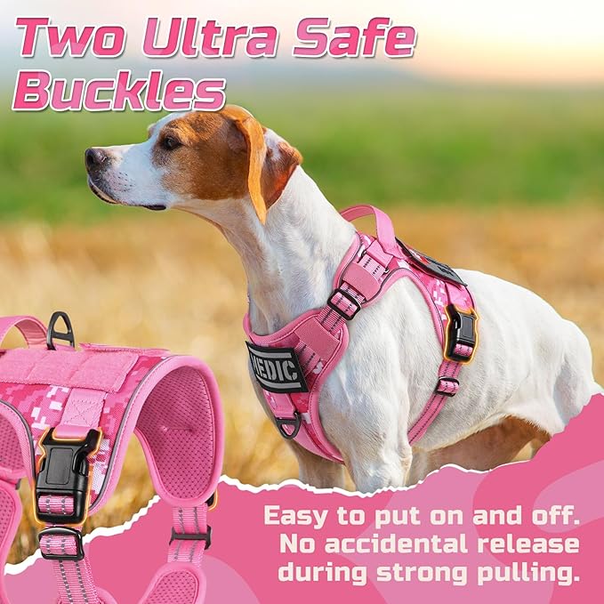 rabbitgoo Tactical Dog Harness for Large Dogs, No Pull Military Service Vest with Handle & Molle, Easy Control for Training Walking, Adjustable Reflective Straps, Pink Camo, S