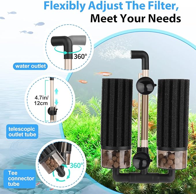 hygger Aquarium Double Sponge Filter: Upgraded Sponge Filter with Larger Filtration Area, Come with Extendable Clip, 2 Spare Biochemical Sponges, Bioceramic Balls, for Freshwater Saltwater Tank - S