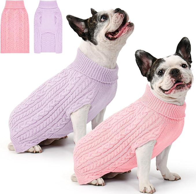 2 Pack Dog Sweaters for Medium Dogs Winter Turtleneck Pullover Cable Knit Fleece Stretch Frenchie Dachshund Pug Corgi Beagle Boy Girl Pet Clothes (L, Pink & Purple)