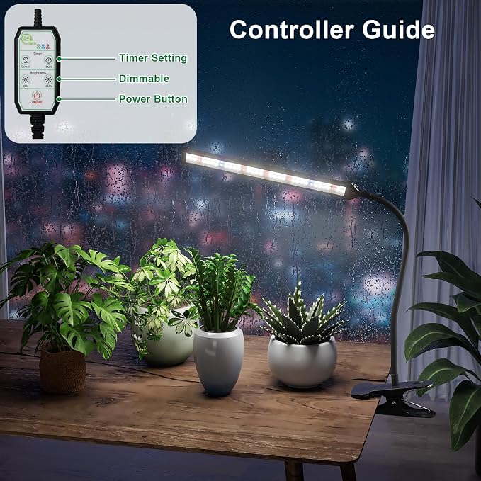 Grow Light for Indoor Plants Growing, 6000K Full Spectrum | Desk Lamp with Red Blue LED for Plants Growth, Strong Clamp with Gooseneck , Dimmable with Auto Timer