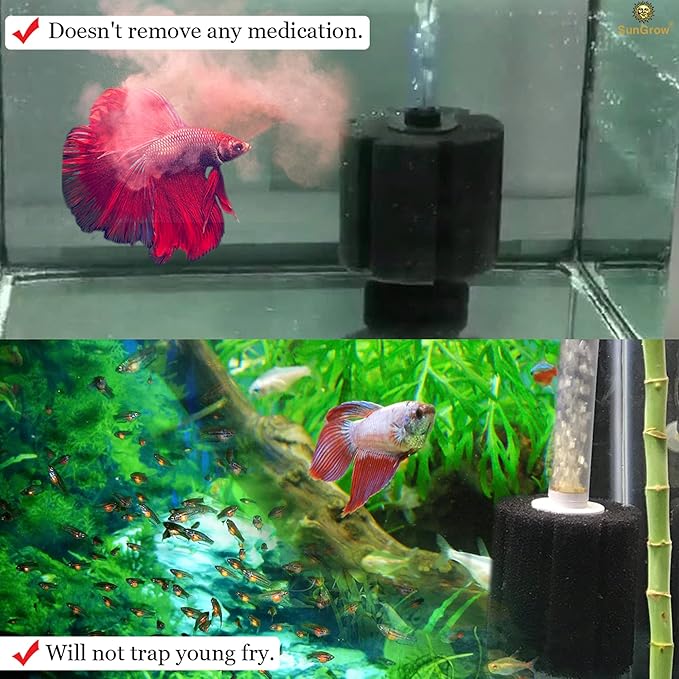 SunGrow 10-Gallon Betta Sponge Filter, Underwater Center Aquarium Filter, Attach it to Air Pump (Not Included) to Run, Works for Tropical Fish & Breeder Aquarium, Perfect for Fry & Small Fish