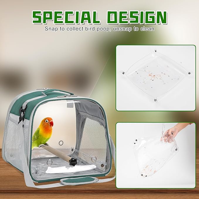 Small Bird Carrier, Large Window Travel Cage with Stand and Easy Clean Tray for Parrot Parakeet Cockatiels, Lightweight and Portable, Green