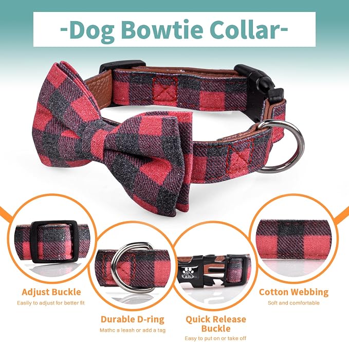 IVY&LANE Dog Collar with Bowtie and Leash Set | Plaid Adjustable Dog Collar | Detachable Bow Tie |5 FT Dog Leash | for Small Medium Large Dogs | Checkered Red | Small