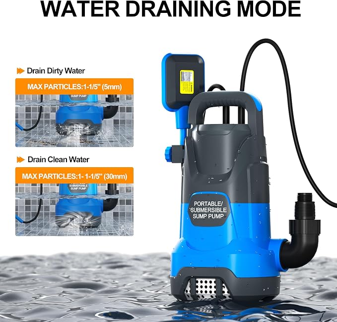 Submersible Water Automatic Sump Pump 1HP Clean/Dirty Water Removal Pump 4000PGH With Float Switch Electric Portable Transfer Water Pump for Swimming Pool Garden Pond Basement Draining