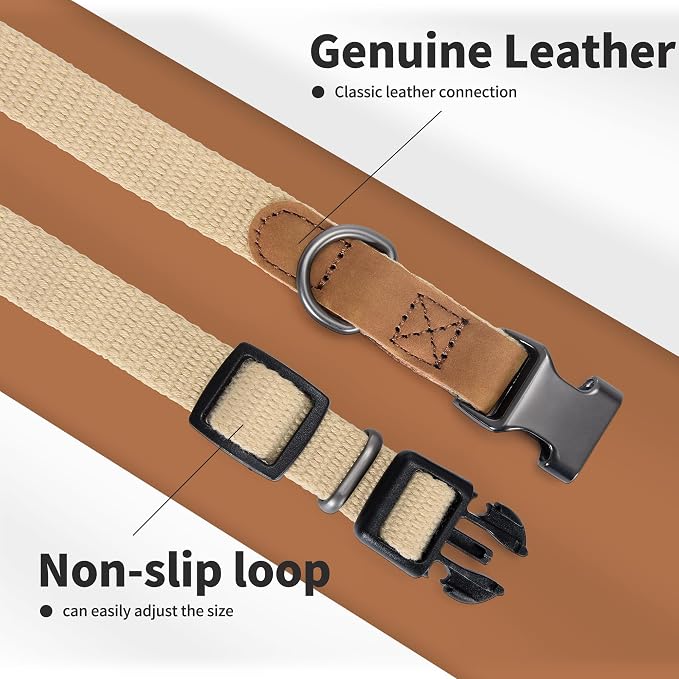 Mile High Life Genuine Leather Dog Collar, Soft Cotton Pet Collars with Heavy Metal Buckle for Small Large Dogs (Khaki, S Neck 11"-15")