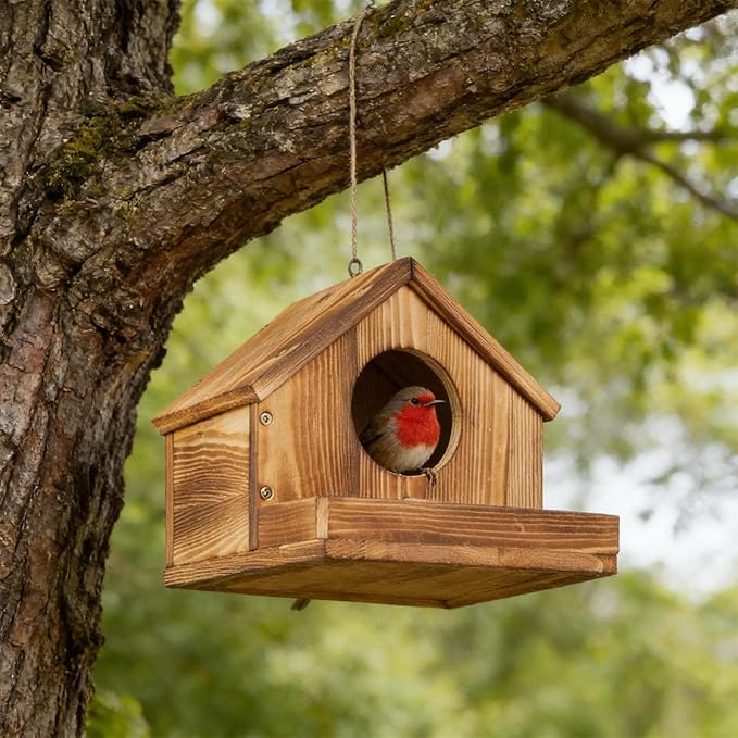 ‌Wooden Bird Nest House with Felt Cover-Detachable Hanging Hammock Bed for Parakeets, Budgies, Cockatiels, Lovebirds, Conures, Canaries, All-Season Perch Hideaway for Birdcage (Wood Color)