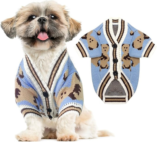 ABRRLO Small Dog Sweaters Cute Bear Dog Cardigans Clothes for Small Medium Dogs Boy Girl Puppy Cat Knitting Cardigan Outfits Dogs Winter Coats Warm Pet Doggy Clothes Soft Knitwear Apparel (Blue,XS)