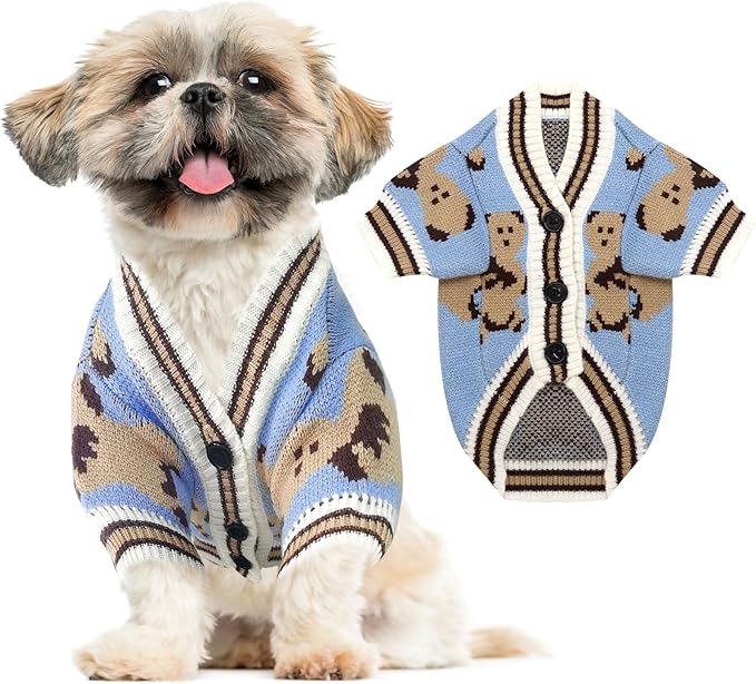 ABRRLO Small Dog Sweaters Cute Bear Dog Cardigans Clothes for Small Medium Dogs Boy Girl Puppy Cat Knitting Cardigan Outfits Dogs Autumn Coats Warm Pet Doggy Clothes Soft Knitwear Apparel (Blue,M)