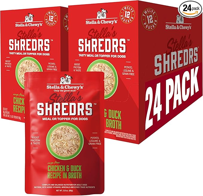Stella & Chewy's Cage Free Chicken & Duck Shredrs - Premium Dog Food Pouches - Perfect For Picky Eaters- 24 Pack, 2.8oz Each