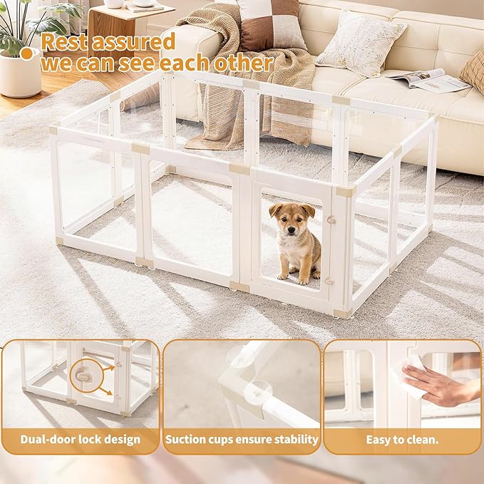 Acrylic Dog Playpen Indoor for Small Dogs & Puppies, Clear Transparent Pet Playpen with Modern No-Bar Design, 23.6" Easy Assemble Puppy Play Pen, Escape-Proof & Sturdy (10 Panels, White)