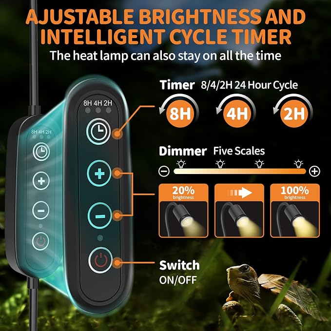 GOZILLA Reptile Heat Lamp, Turtle Lamp with 360° Goose Neck Rotatable Timing & Dimming Cycle Timer, 25W+50W UVA/UVB Reptile Light Bulbs for Reptiles and Amphibian Tanks, Terrariums and Cages.(Black)