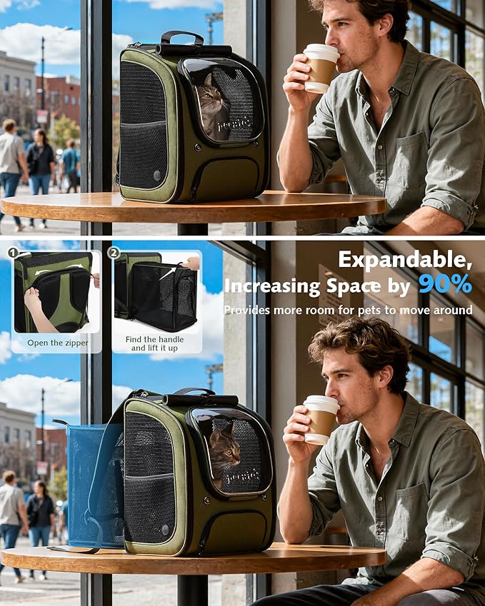 Pecute Cat Backpack Carrier Expandable, Large Space Cat Bubble Backpack, Breathable Cat Carrier, Shaded Dog Backpack Carrier for Travel, Hiking, Vet,12.6" L x 10.2" W x 16.5" H,Green