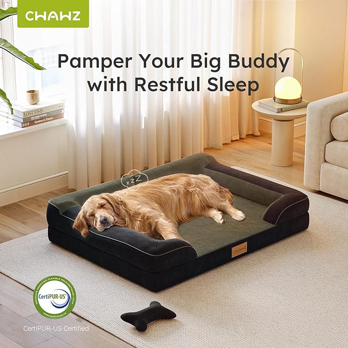 CWAWZ XXL Dog Bed for Extra Large Dogs, Giant Orthopedic Dog Bed with Cooling Gel Memory Foam, Waterproof Pet Bed with Removable Washable Cover, 53" Pet Sofa Bed Dutch Velvet with Bone Toy, Black