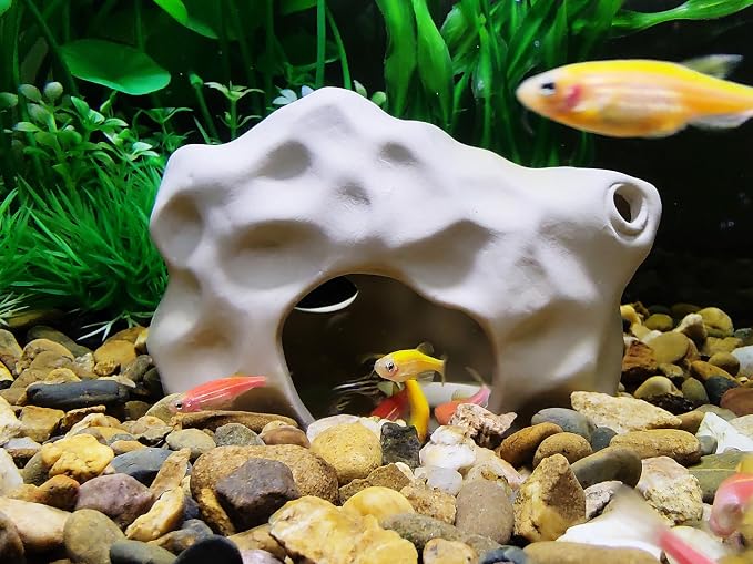 SpringSmart Aquarium Decor Rock Cave for Fish Shrimp Turtle Crab, Betta Fish Tank Decorations Ceramic Hiding Stone, Fish Bowl Landscape Rock with Plastic Plant