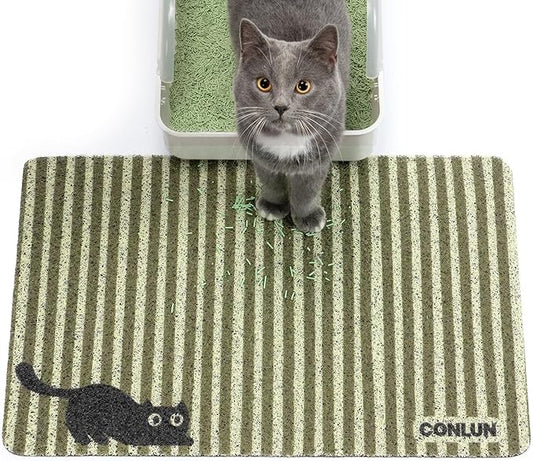 Conlun Cat Litter Mat Litter Trapping Mat, Premium Durable PVC Cute Cat Litter Box Mat, Non-Slip, Less Waste Kitty Litter Mat, Soft on Kitty’s Paws, 24”x 17” cat matts for litter, Green Stripe