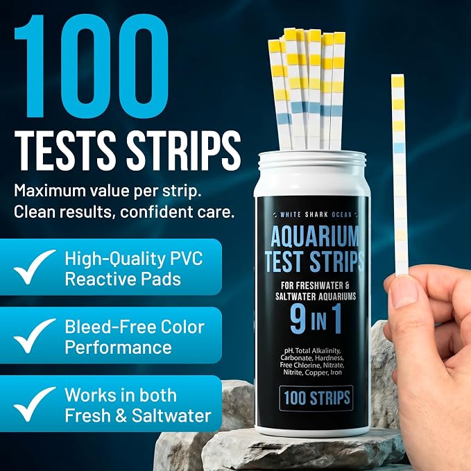 9-In-1 Aquarium Test Strips – 100 Strips for Freshwater & Saltwater | Tests pH, Nitrate, Nitrite, Hardness, Chlorine, Copper, Iron, Carbonate & Alkalinity | Fast Results for Fish Tank & Reef Aquariums