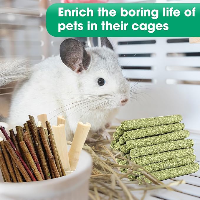 WDEFUN Natural Pet Chew Toys Set - 20 Timothy Hay Sticks 20 Apple Tree Branches 5 Sweet Bamboo, Safe Chewing Toys for Rabbit, Guinea Pig, Hamster, Chinchilla, Gerbil - Teeth Grinding & Boredom Relief