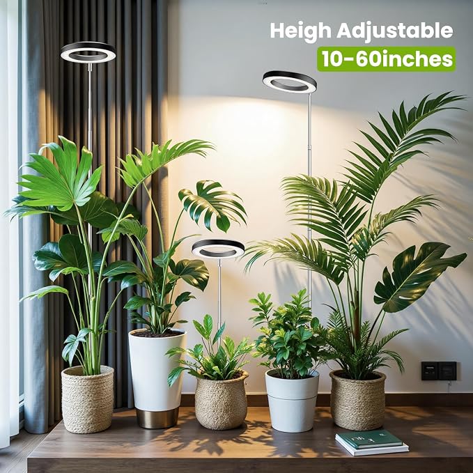 Kullsinss 6.3in Grow Light, Full Spectrum Plant Lights for Indoor Growing | Black Grow Lamp with 6/12/16H Auto Timer, 5 Brightness Level, 10-60in Height Adjustable, for Tall Houseplants & Indoor Garden