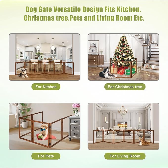 LZRS Extra-Wide Clear Dog Gate for Indoor Use - Transparent Pet Fence with Solid Hardwood and Plastic Board, Stylish & Durable freestanding Pet Gate for Doorways, Stairs and Hallways-6 Panel Cherry