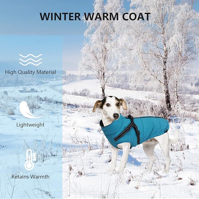 Geyecete Winter Warm Coat Waterproof Jacket with Harness Traction Belt,Pet Outdoor Jacket for Medium, Small Dogs-Blue-XL