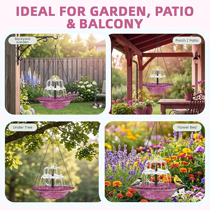 Solar Fountain for Bird Bath, Hanging Cascade Water Feature for Outdoor Garden & Yard Decor, Creates a Relaxing Flow that Attracts Birds (Purple(XL))