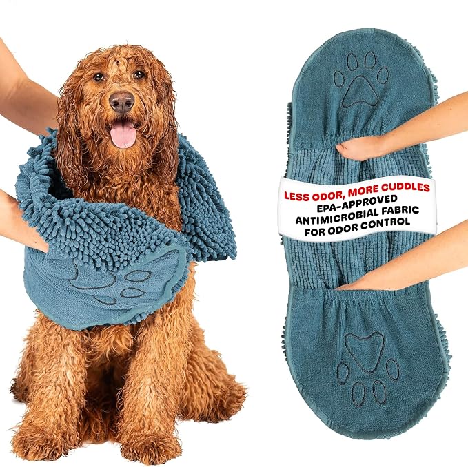 Dog Gone Smart The Dirty Dog Shammy - Antimicrobial Microfiber Dog Towel for Odor Control, Fast-Drying Plush, Dual Hand Pockets & Elastic, Super Absorbent, Machine Washable, 31 x 13 in, Pacific Blue