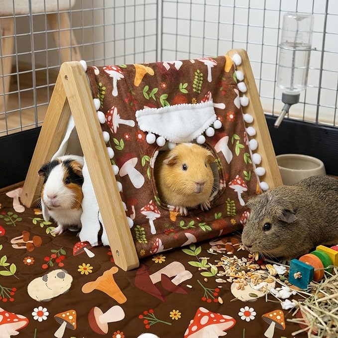 Guinea Pig Hideout, Sturdy Bamboo Small Animal House with Window, Rabbit Bunny Tunnel, Easy to Assemble for Hamsters Bunny Rat Chinchillas Playing Hiding, Guinea Pig Cage Accessories, Mushroom
