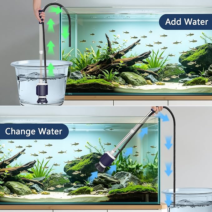 AQQA 600 GPH Electric Aquarium Gravel Cleaner 6-in-1 Fish Tank Vacuum | Cleaner & Water Changer with Stainless Steel Handle & 3-Stage Filter Cup for Turtle Tanks, Adjustable Flow 34W