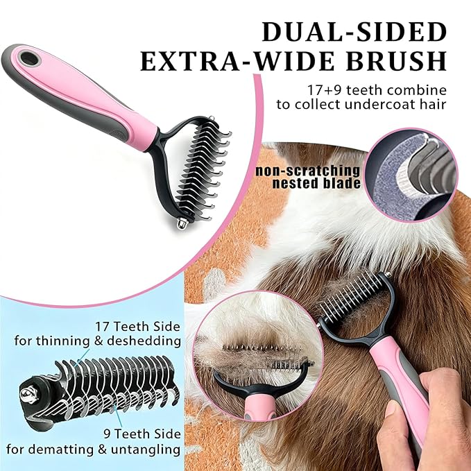 7PCS Dog Grooming Brush Kit for Shedding and Matted Fur, Self-Cleaning Slicker Brush with Undercoat Rake, Flea Comb for Long-Haired Pets, Pink