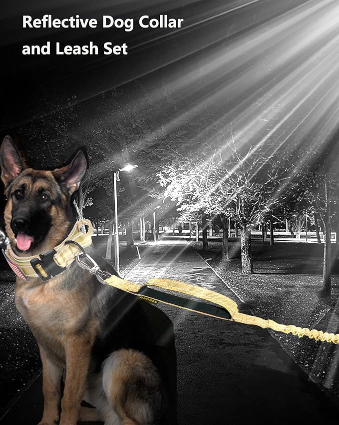 AUBELL Tactical Dog Collar and Leash Set, Reflective Adjustable Heavy Duty Military K9 Collars with Handle and Metal Buckle for Medium Dogs, with Airtag Case and 2 Patches(Yellow,M)