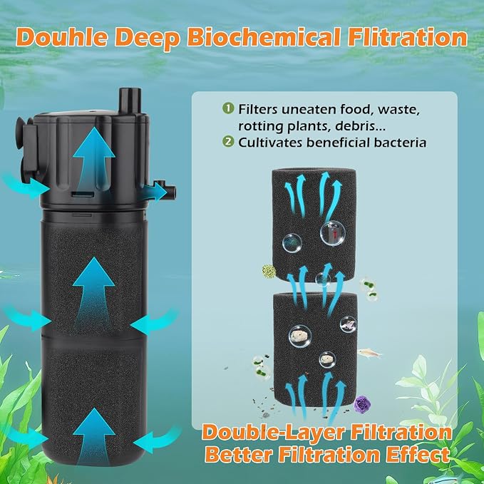hygger Aquarium Internal Filter for 5-15 Gallon Tank, Flow Rate Adjustable 4 in 1 Submersible Fish Tank Filter with Aeration System,Filtration/Oxygenation/Waveker/Circulation
