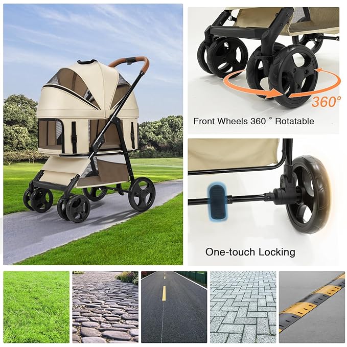 4 Wheels Pet Stroller for Small/Medium Dogs and Cats,Dog Stroller with Detachable Carrier and Storage Basket,One Click Folding,Compact Portable,Up to 50lbs,3 in1 Multifunctional(Khaki)