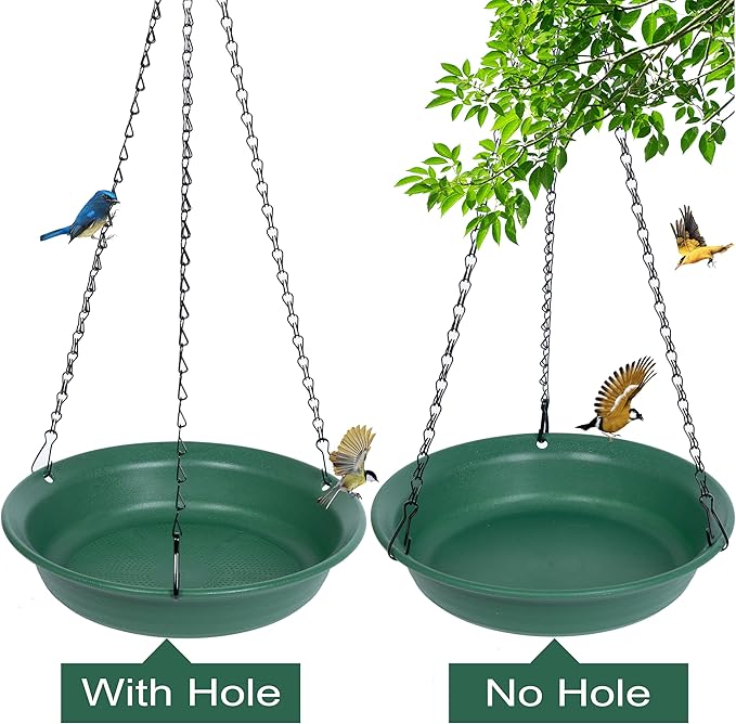 VUWEZ Hanging Bird Feeder & BirdBath for Outdoors, Wild Bird Feeders Tray, Hanging Birdbaths Trays for Outside, Cardinal, Blue Jay, Crow, Birdfeeders Outside (12", 1 Pcs with Hole & 1 Pcs No Hole)
