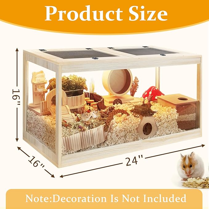 PROLEE Hamster Cage with Metal Mesh Top, Chewproof Wooden Guinea Pig Cages, Mice and Rat Habitat,Large Hamster Cages with Acrylic Sheets Solid Built (24X16X16 Inch)