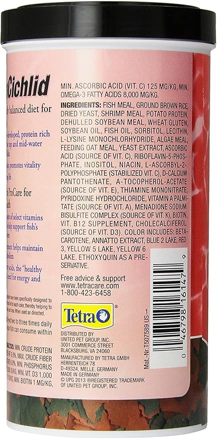 Tetra Tetra Cichlid Large Flake Food 5.65oz | Daily Diet For Top & Mid-Water Cichlids, Protein-Rich Flakes Promote Optimal Health, Clear Water Formula Does Not Cloud Water