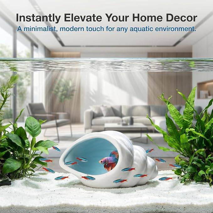 Ceramic Aquarium Cave, White Conch Shell Betta Fish Tank Decor | Smooth Glaze and Rounded Edges Create a Roomy Hideout for Betta Fish, Shrimp, Pleco and Dwarf Cichlids; 5.91 x 3.74 x 3.35 in