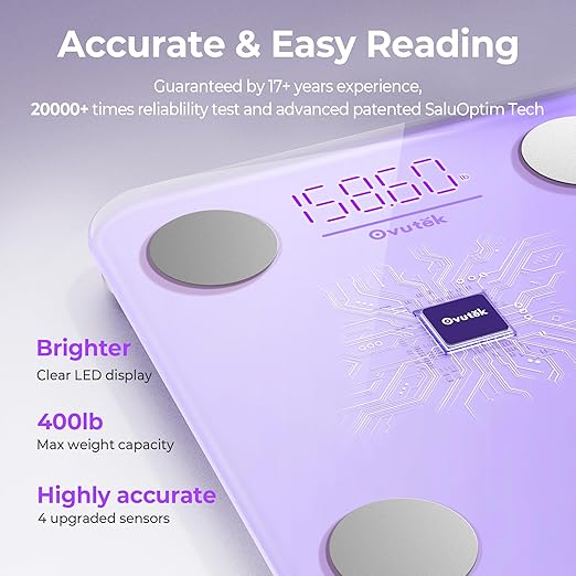 Ovutek Smart Scale for Body Weight, Digital Bathroom Scale BMI Weighing Body Fat Scale, Accurate Body Composition Scale Monitor for People's Health with Smartphone App, Compact Size, 400lb (Purple)