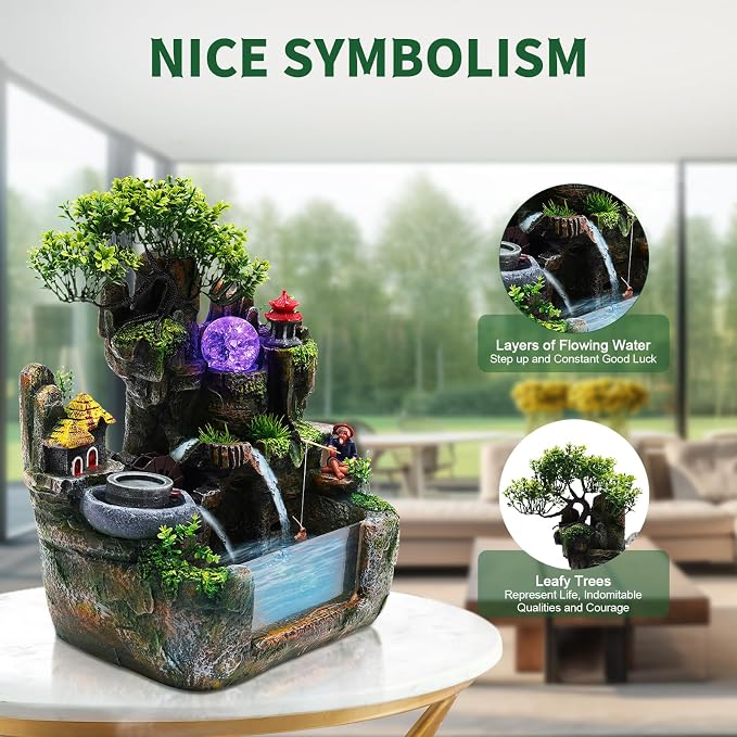 Indoor Fountain Rockery Tabletop Fountain with an Atomizer Elaxation | Water Feature Meditation Desktop Fountains for Home Office Decor or Gift 11.8'' x 7.87'' x 14.9'' with LED Light