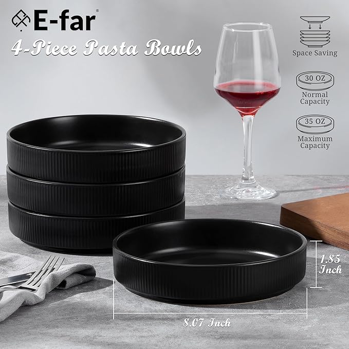 E-far Pasta Bowls Set of 4, 35oz Large Salad Bowl Plate for Dinner Serving Soup, Wide & Shallow Ceramic Stoneware Pasta Plates, Microwave & Dishwasher Safe, Reactive Glaze Texture-Stripe, Matte Black