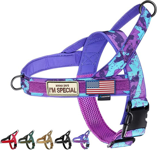 Annchwool No Pull Dog Harness with Soft Padded Handle,Escape Proof and Quick Fit to Adjust Dog Harness,Easy for Training Walking for Small & Medium and Large Dogs(Camo Purple,S)